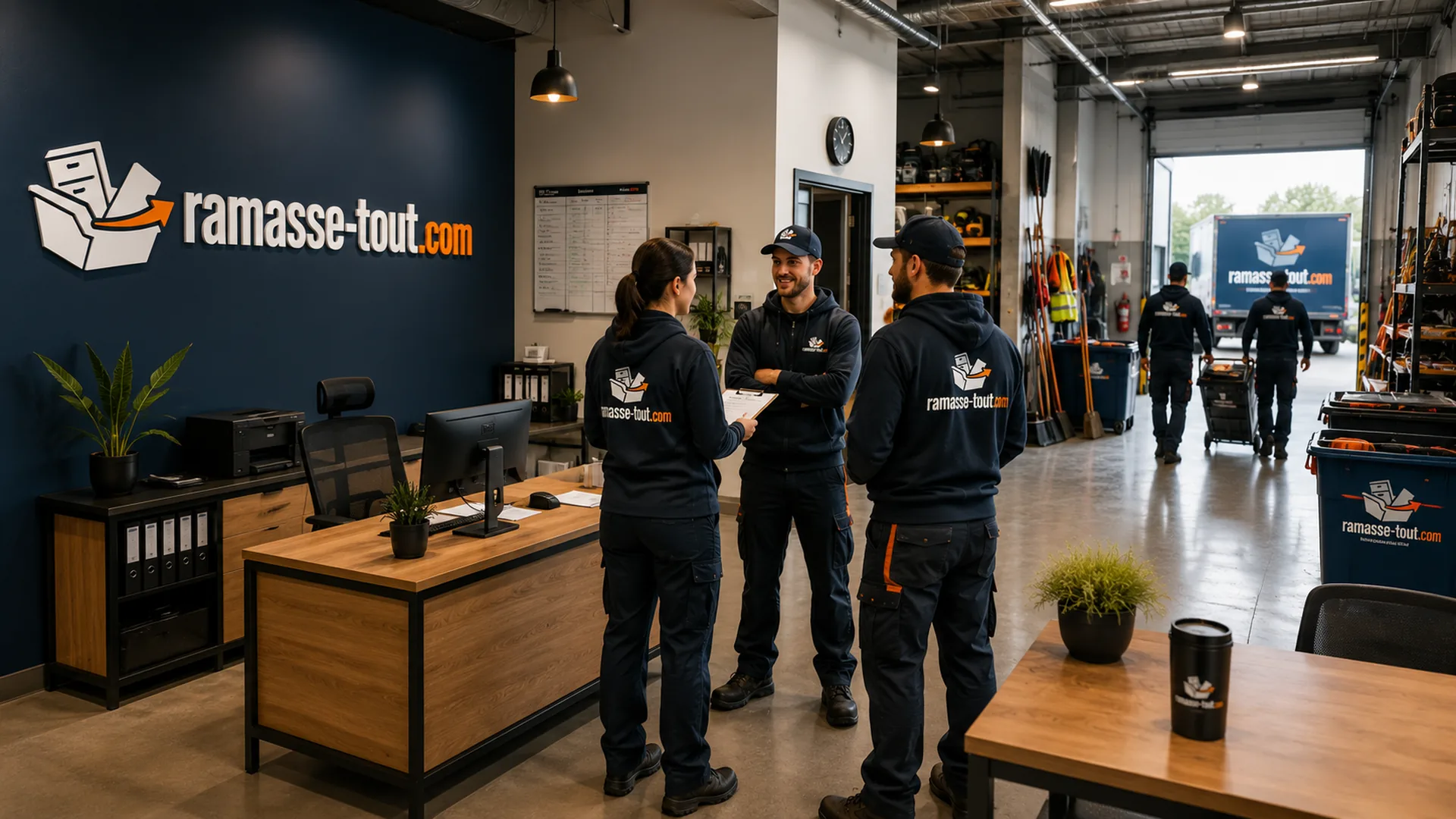 Équipe de ramassage de débris à l'accueil du garage