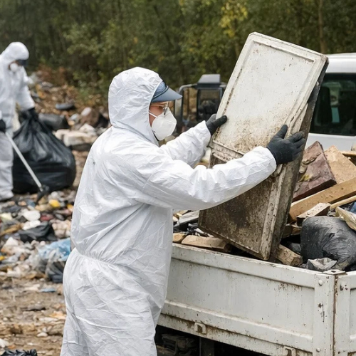 c Travailleur en combinaison effectuant un ramassage de débris sur un terrain à LaSalle